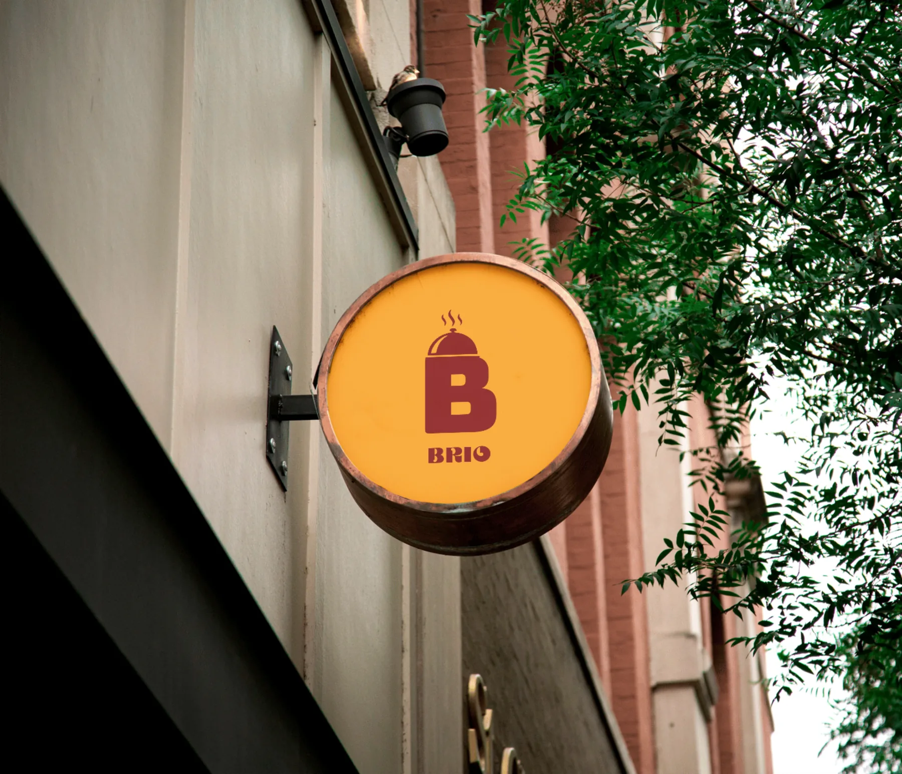 Brio restaurant brand identity: circular signage mockup